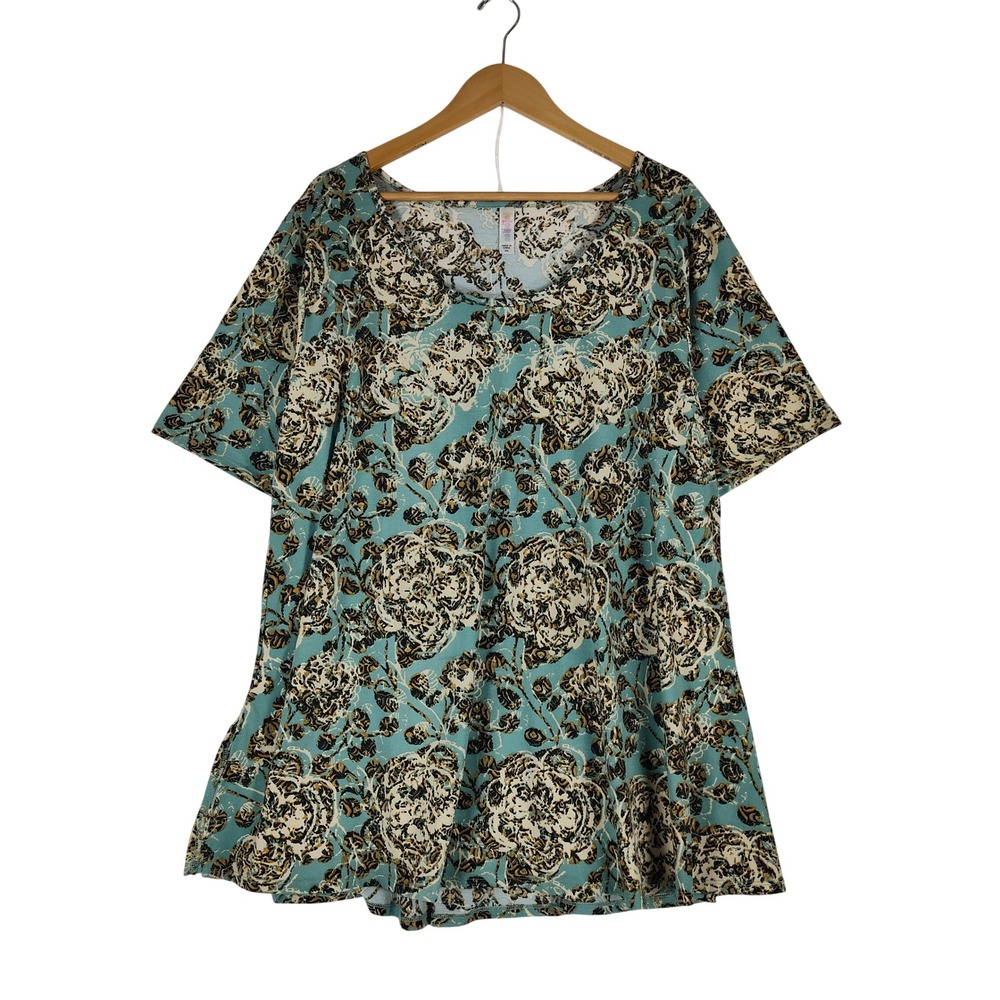 LuLaRoe Irma Tunic Top Womens 3X Turquoise Blue Floral Damask Short Sleeve Shirt
